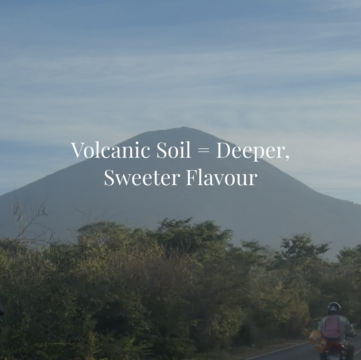 Road with a mountain in the background and text 'Volcanic Soil = Deeper, Sweeter Flavour'.